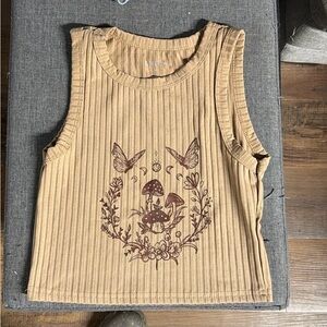SHEIN Tan Ribbed Tank Top with Mushroom & Butterfly Graphic